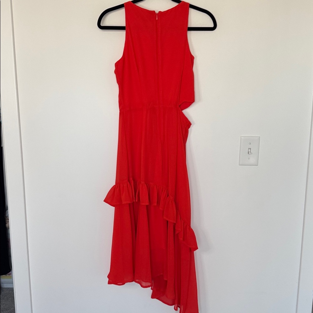 Sam Edelman NWT Side Cut Out Asymmetrical Hem Ruffle Dress, Red Coral - Size 2 - Picture 9 of 10